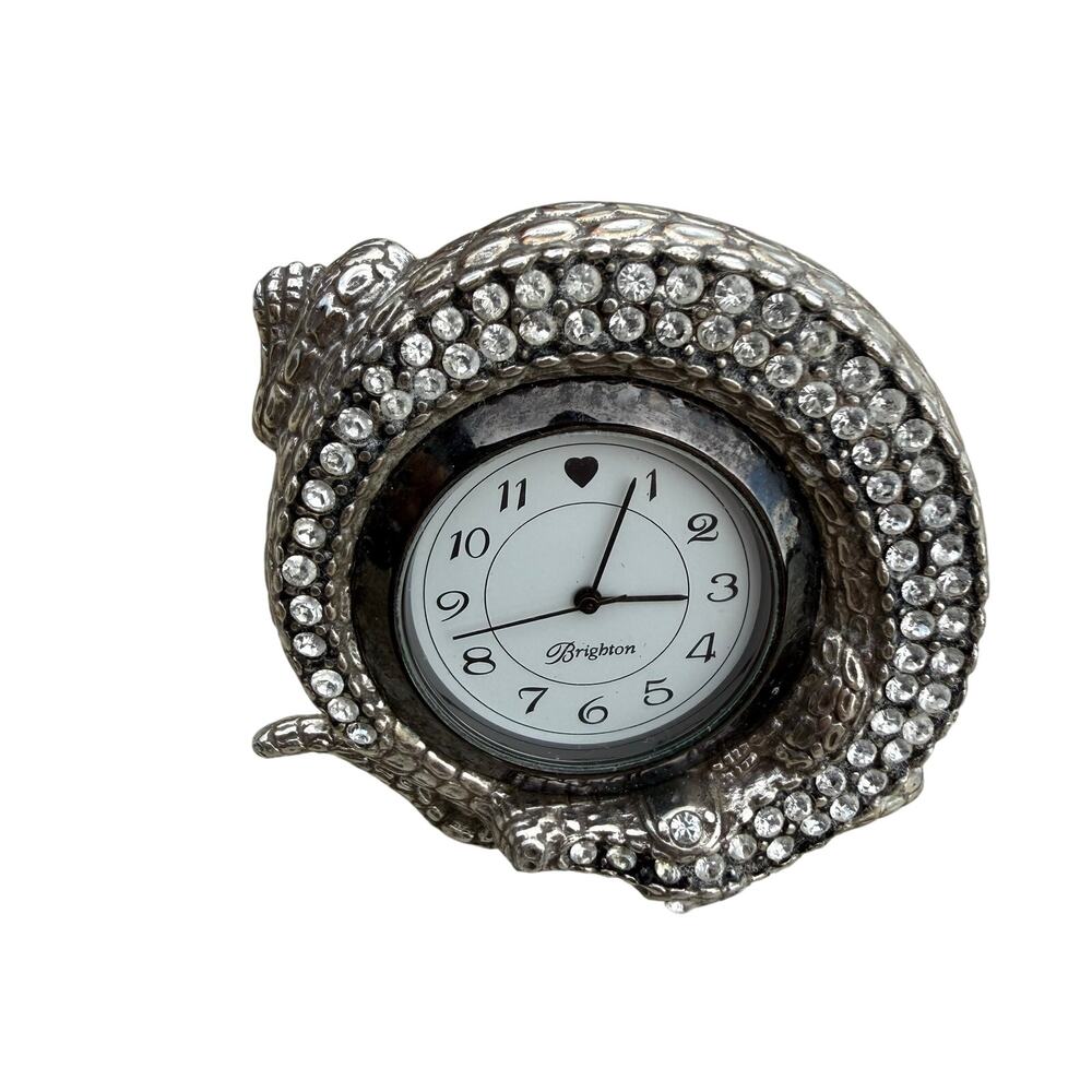 Brighton Silver Tone Rhinestone Alligator Clock Back Later Gator Untested